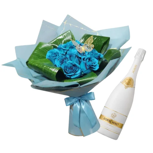 ramo de 12 rosas turquesas con jasmine white blanc